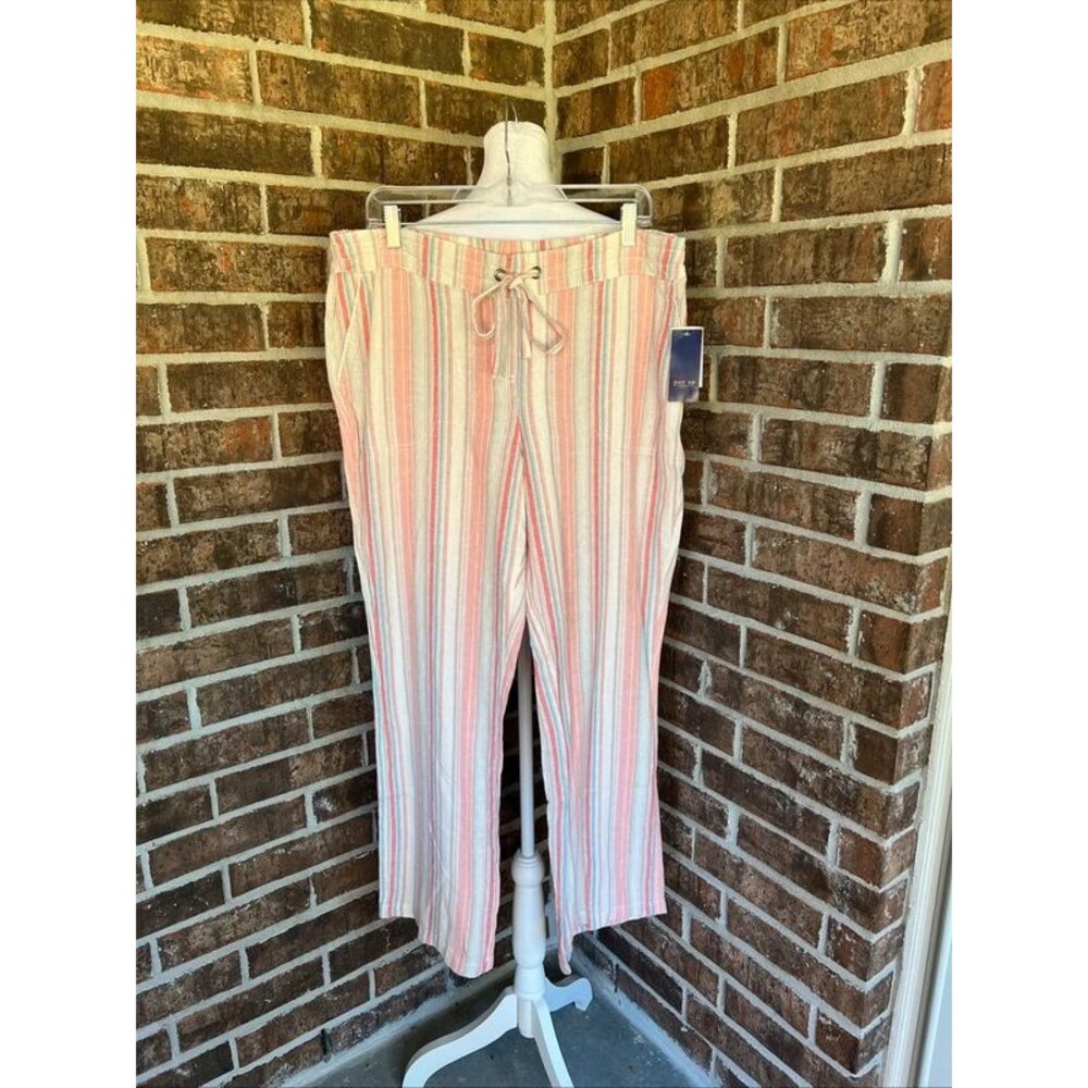 Per Se Women’s Linen Blend Stripes Pull On Coastal Pants Large